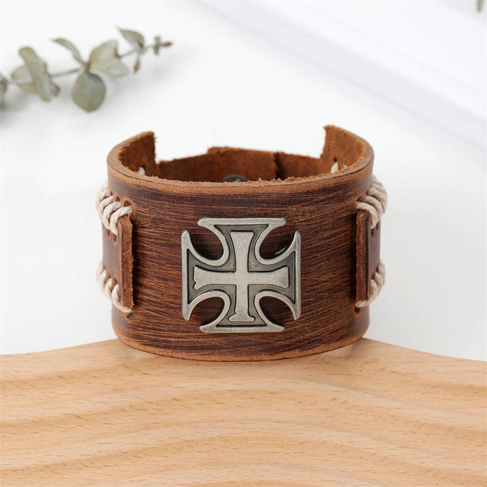 2024 Charm Jewelry Handmade Weave Genuine Leather Bracelet Men Vintage Cuff Wide Leather Cross Bracelet Pulsera Hombre