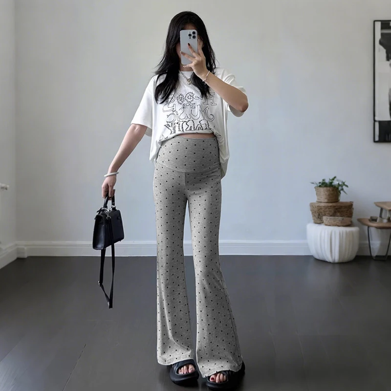 High-Waisted Polka Dot Pants for Pregnant Women Spring Summer Slightly Flared Outerwear Trendy Mom's Slim Fit Casual Trousers