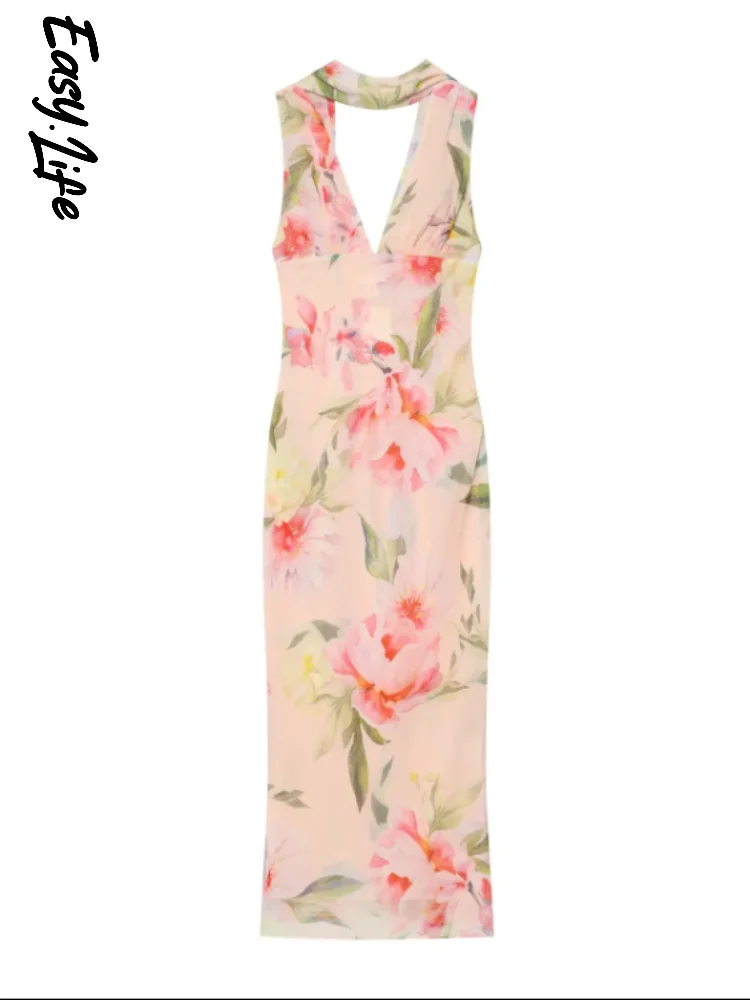 

Women Pink Floral Print Halter Maxi Dress Fashion Tie Neck Sleeveless Deep V Neck Flowy Dresses 2026 Lady Holiday Party Robe