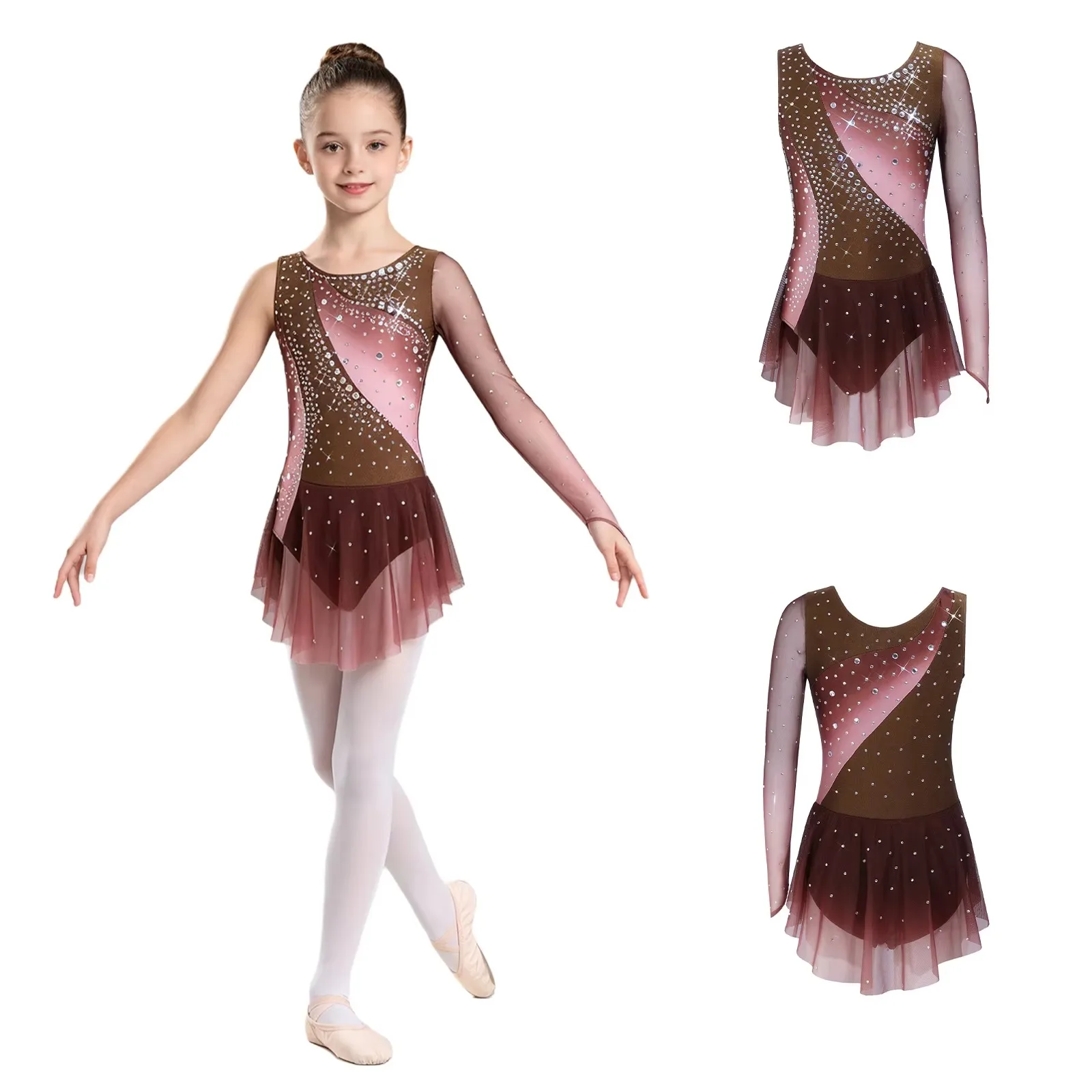 

Kids Girls Shiny Rhinestones Rhythmic Gymnastics Figure Skating Ballet Jersey Lyrical Dance Leotard Costume Split Skirted Dress