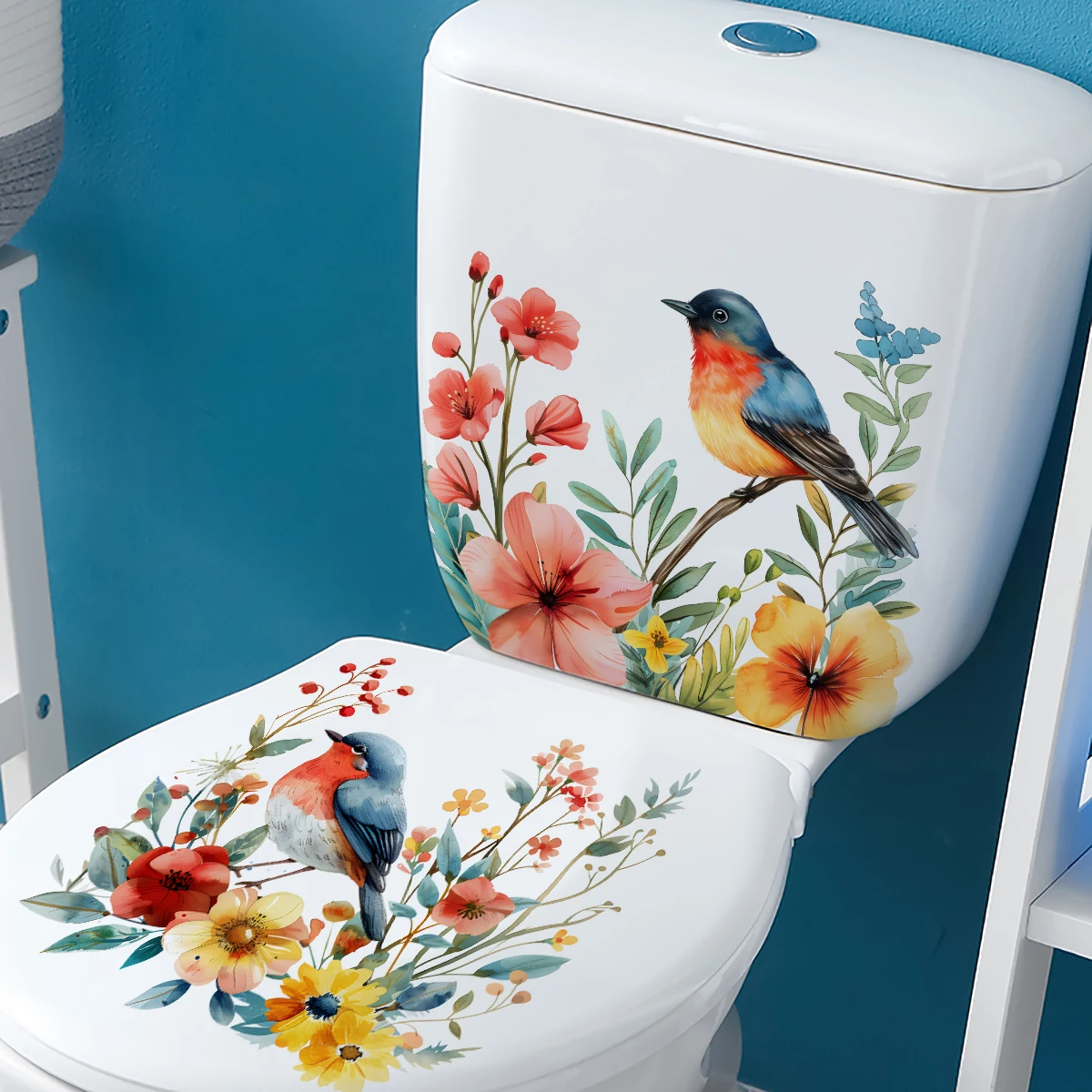 2PCS DIY bathroom sticker bird flower design for bathroom water tank decoration toilet sticker detachable waterproof