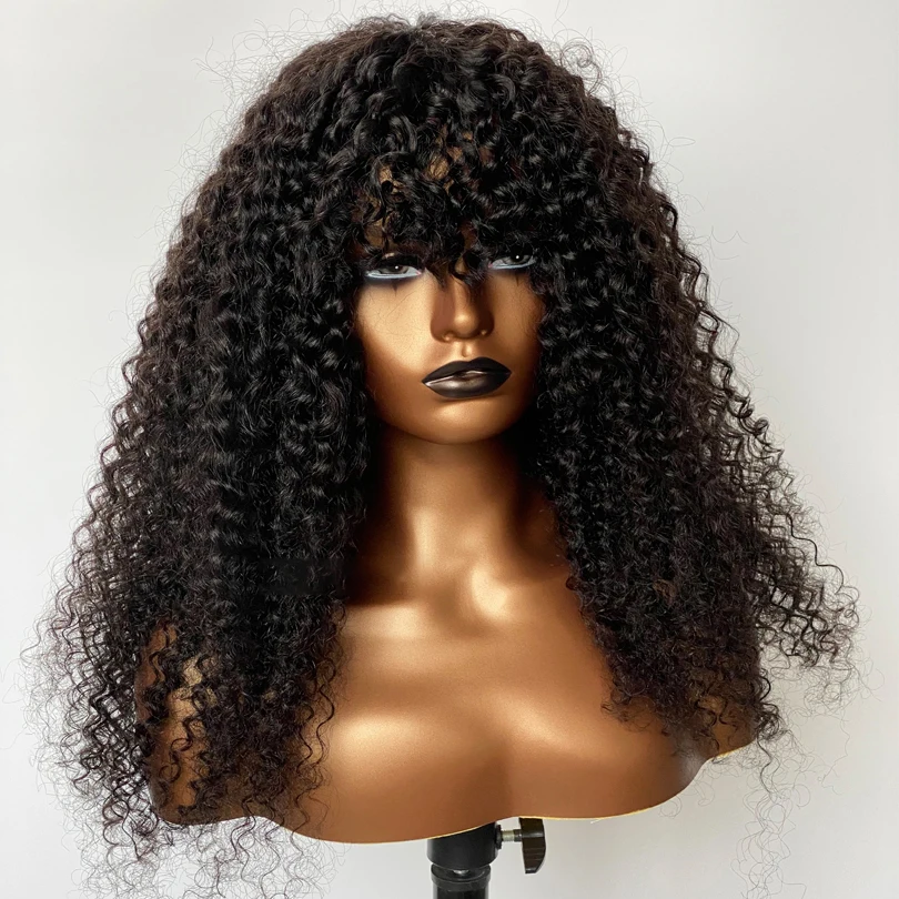 

Naural Black Long 180Density 26“ Soft Glueless Kinky Curly Machine Wig with Bangs For Women BabyHair Preplucked Heat Resistant