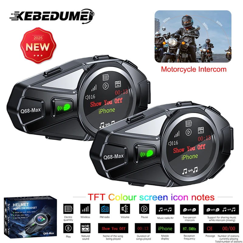 

Q68 Max Motorcycle Helmet Intercom Headset BT5.4 With TFT Colour HD Screen,FM Radio,Music share Interphone Waterproof Wireless