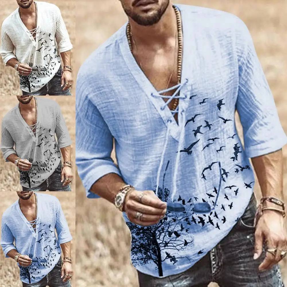 Classic Summer Top Pullover Tee Shirt Front Lace Up Loose Middle Sleeve Casual T-shirt  Skin-friendly