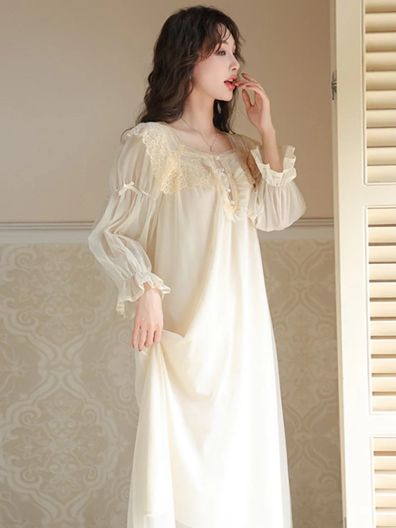 French Retro Princess Pajamas Nightdress for Women Spring Autumn Long Sleeve Mesh Modal Fairy Victorian Nightgowns Sleepwear