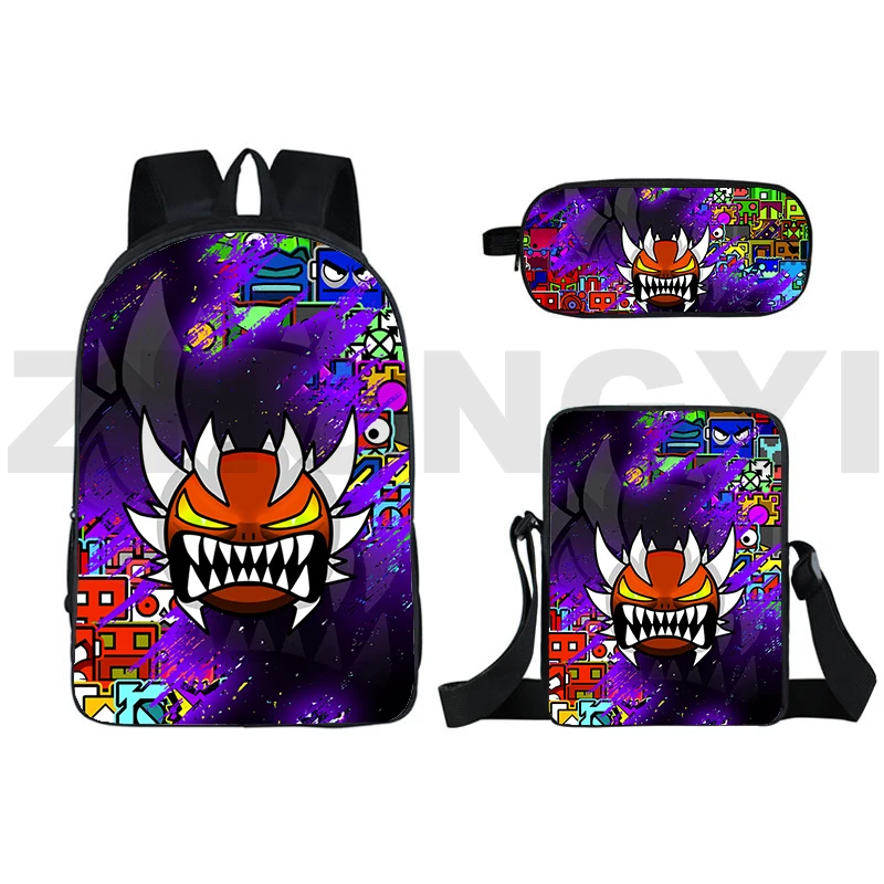 

3 Pcs/Set Angry Geometry Dash 3D Backpacks Teens Boys Daily Shoulder Bag Student Canvas Pencil Case Big School Bags for Girls