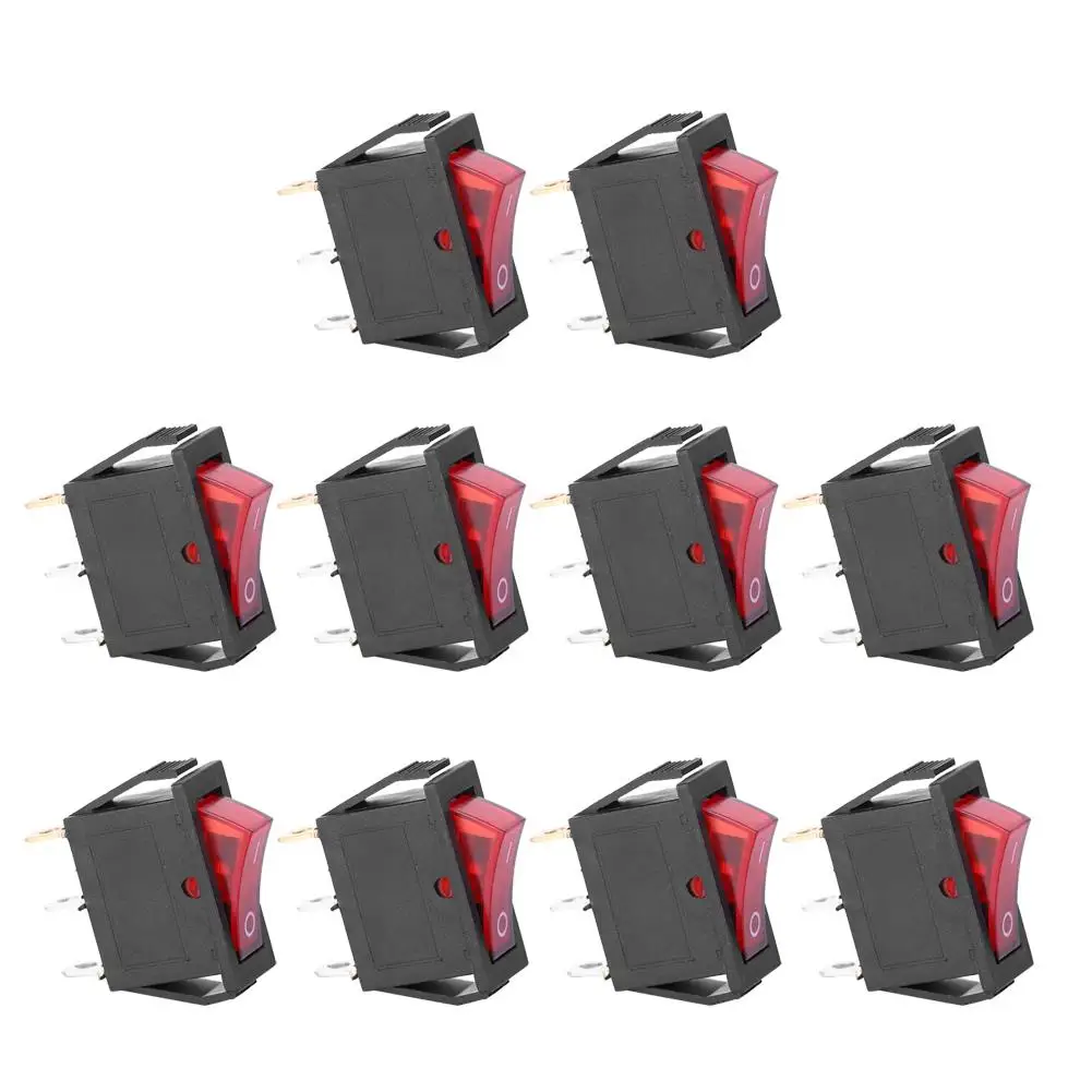 10PCs KCD3 3-Pin Rocker Switch with Red Light - On/Off 2-Position for Household Appliances Accessory