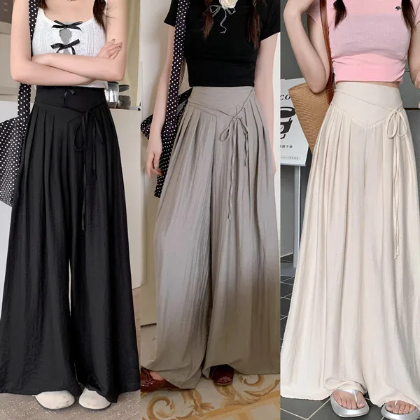 

2024 Summer Sagging Loose Wide Leg Casual Pants Long Solid Elastic Waist High Waist Skirt Pants for Women