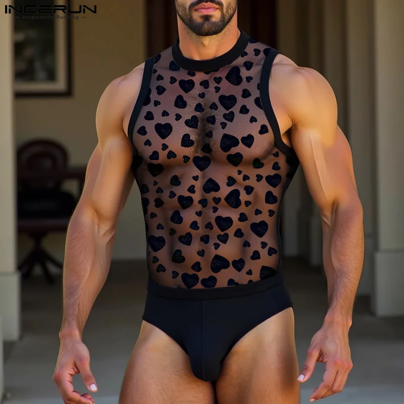 INCERUN Men Bodysuits Printing Mesh Patchwork Transparent Sexy Rompers Sleeveless O-neck Skinny 2025 Fashion Bodysuit Men S-3XL