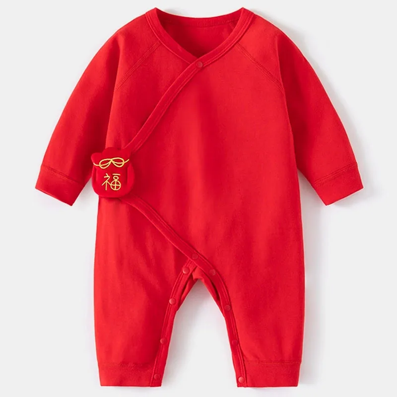 2026 Spring Autumn Baby Girl Boy Stuff Cute Chinese Style Red New Year Cotton Long Sleeve Jumpsuits Romper Newborn Clothes B172