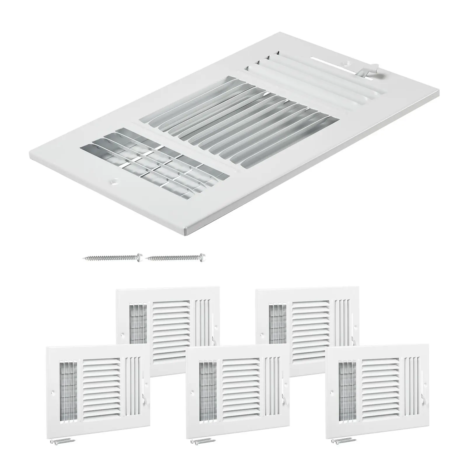 6 x 10 Inch Floor Registers, 6-Pack Floor Vents, HVAC 3-Direction Iron Vent Grilles for Home/Office Wall & Ceiling, Rustproof Anti-Peeling Air Vents Deflector Adjustable with Metal Damper, White