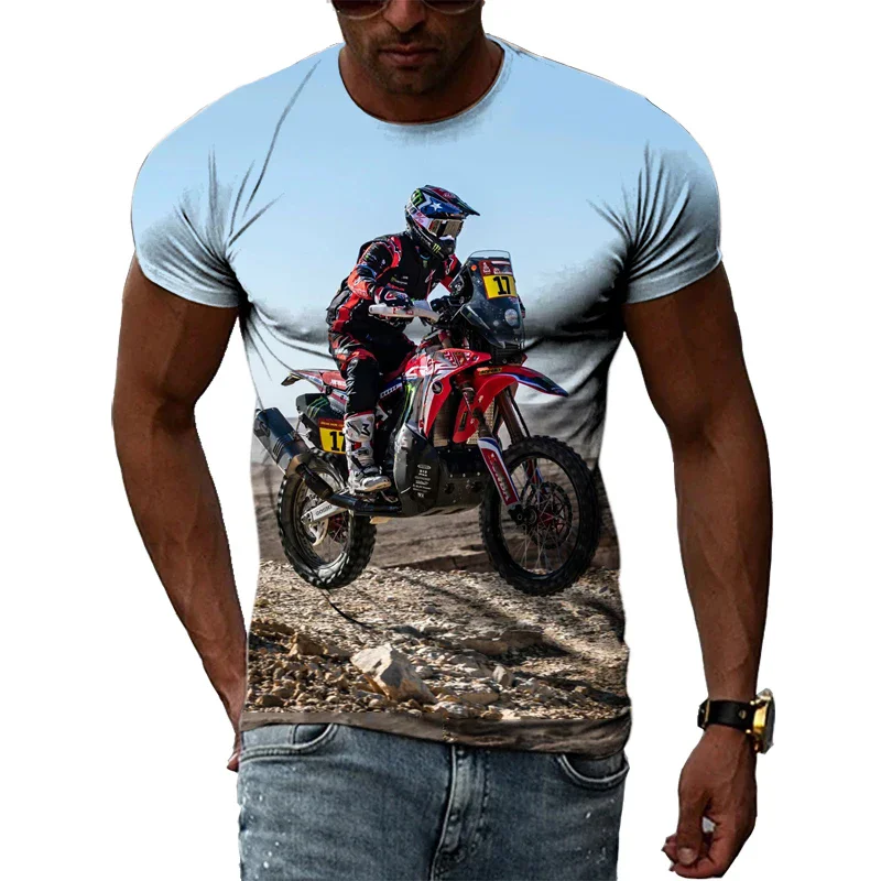 Men's motorcycle off-road sports T-shirt, 3D printed clothing, street style, casual, hip-hop, personality, round neck