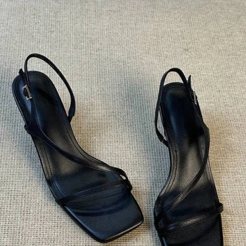 2026 Summer Narrow Band Heel Sandals Women Thick Heel 7 CM Ankle Strap Fashion Square Toe Ladies Dress Sandalias Women's shoes