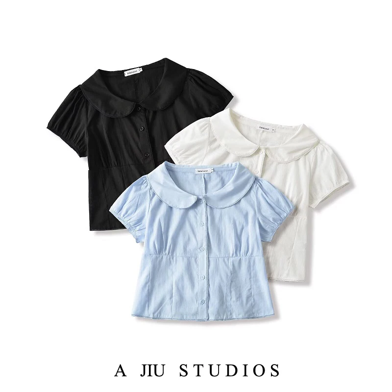 Sweet Sle Cotton ort Sve irt Women's Slim Fit ort Length Doll Collar Top Breathable Sweat Absorbent Summer Design