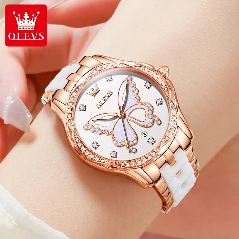 OLEVS 5610 Business Quartz Watch For Women Import Movement Ceramic Steel Strap Wristwatch Waterorof Diamond Dial Ladies Watches