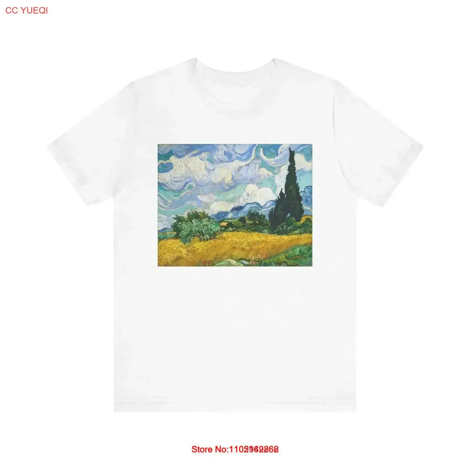 Wheat Field with Cypresses 1889 by Vincent Van Gogh Men's Cotton Crew T Shirt vintage Washed Stretched streetwear homme fashion