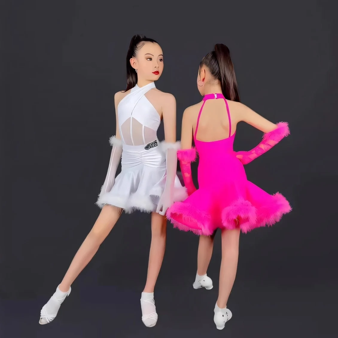 2025 Professional Girls Latin Dance Competition Dress Hanging Neck Top Split Ostrich Hair Big Skirt Suit Latin Dance Costumes