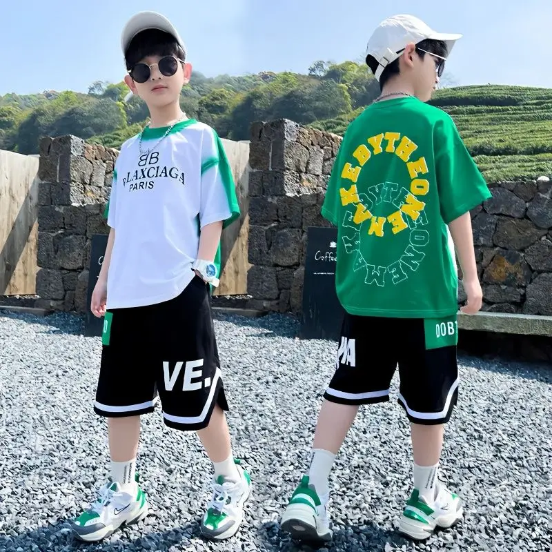 Boys Summer 2Pcs Cotton T-shirts+Pants Suits 2023 New Korean Style Fashion Youth Teeange Boys Streetwear Outfits Clothes Sets