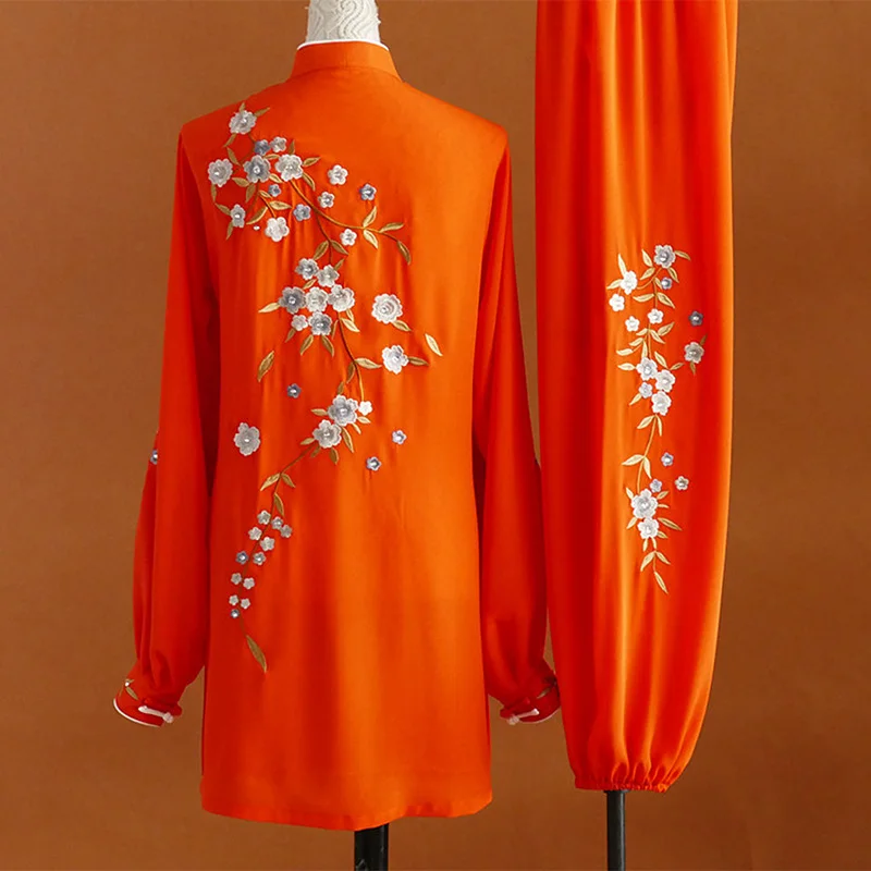 Silk Linen Orange Embroidered Tai Chi Suit Martial Arts Training Wear Men Women Medium Long Thin Customized Design