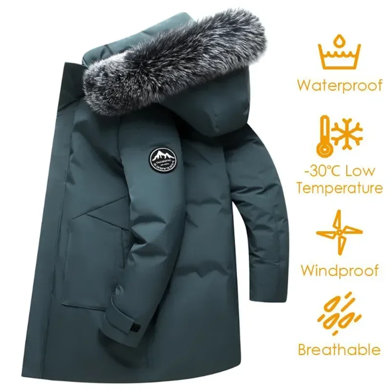 

2025 Long Men Windproof Down Jacket Coats Mens Warm White Duck Down Hooded Jacket Parkas Multi Pockets Overcoat Male Autumn Wint