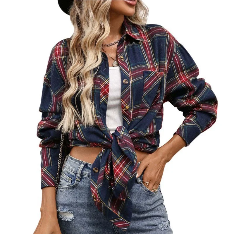 Camicie da donna casual 2025 Autunno Inverno Classico plaid Stampa completa Bottone davanti Camicia a maniche lunghe Colletto superiore Camicette da donna da ufficio