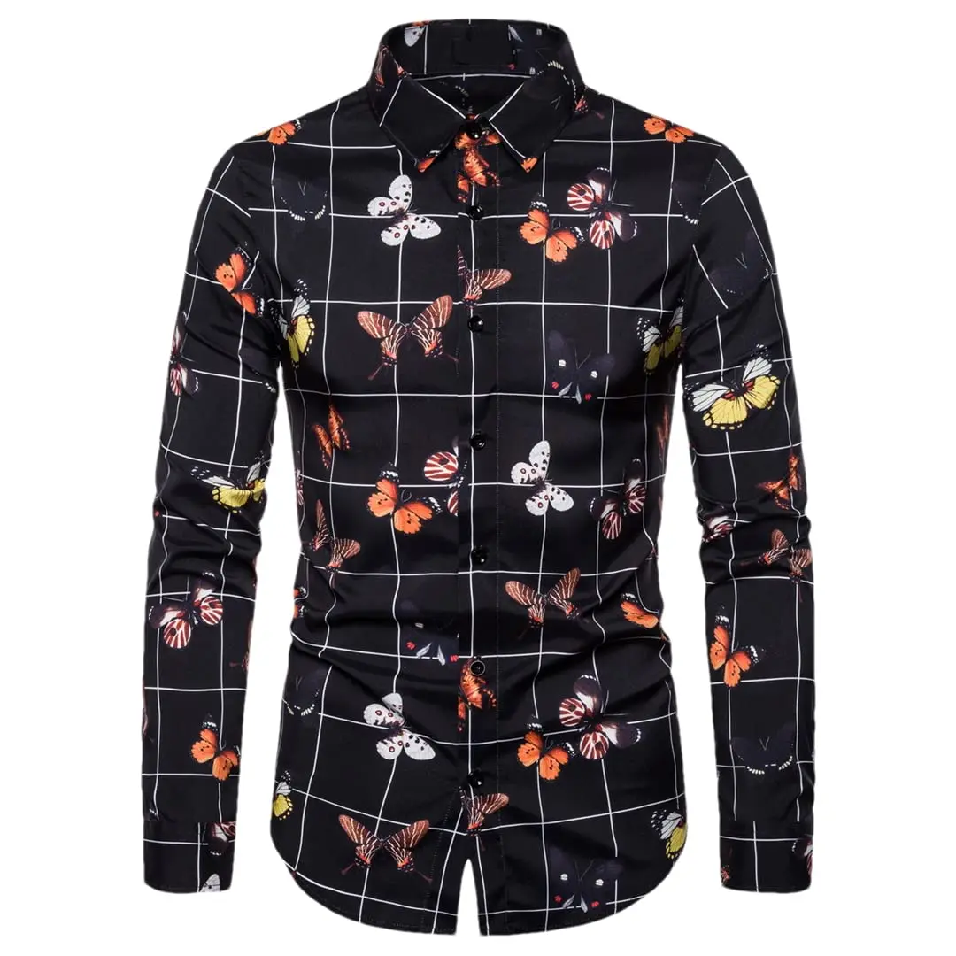 2025 New Fashion All-match Butterfly Print Men\'s Long Sleeve Shirt Casual Party Street Hawaiian Polo Collar Shirt Polyester