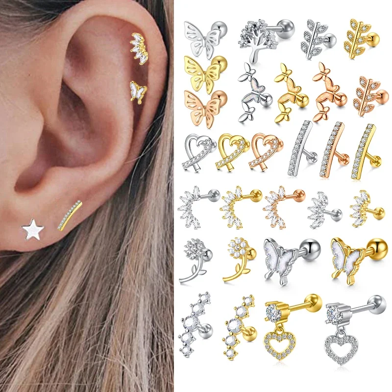 Ohrstecker Piercing Ohrringe für Frauen Schmuck Gold Silber Farbe Stern Mond Tragus Helix Septum Knorpel Edelstahl 16G