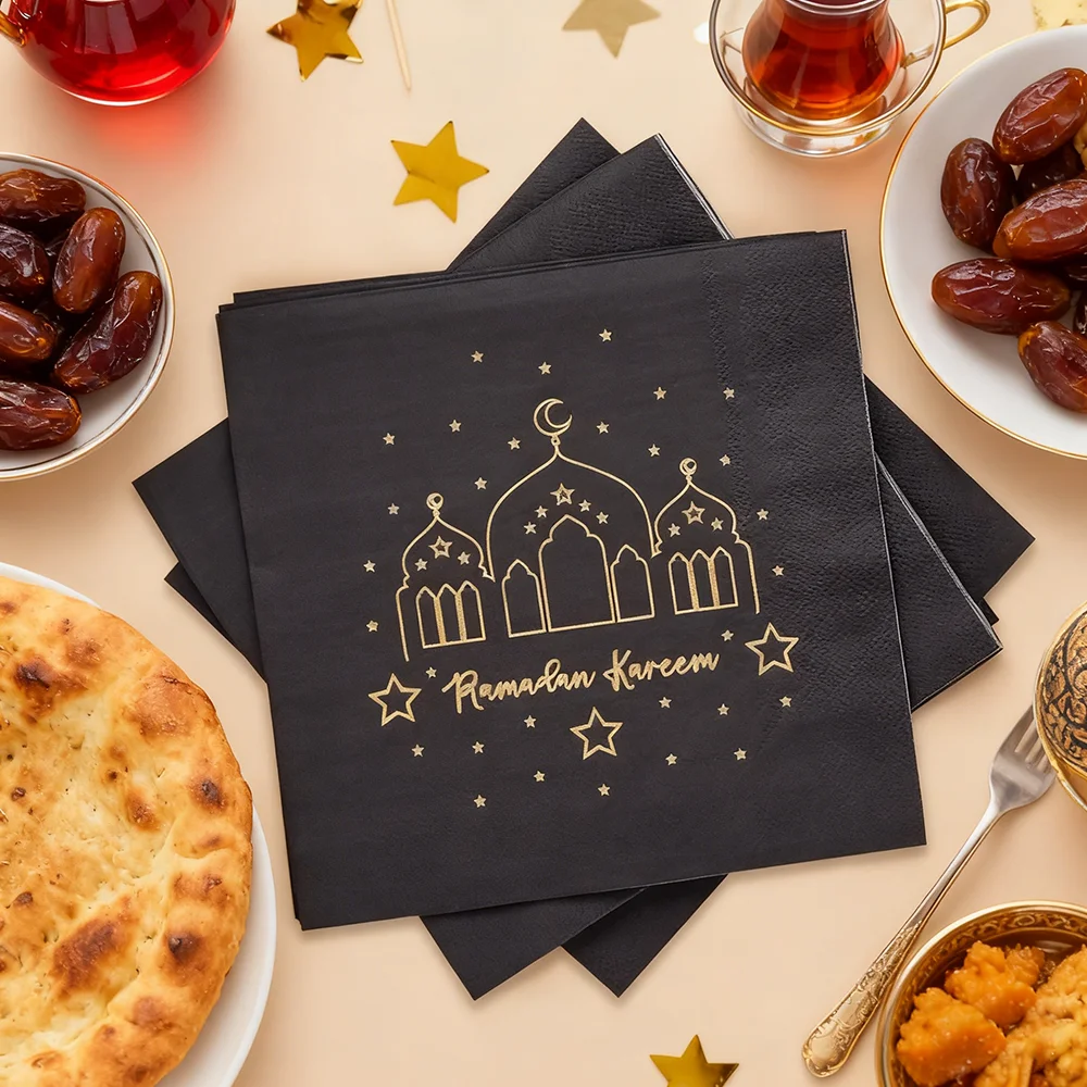 20 قطعة مناديل ورقية لرمضان رمضان كريم أدوات المائدة مناديل طاولة احتفالية احتفالات عيد مبارك ديكور حفلات العيد السوداء
