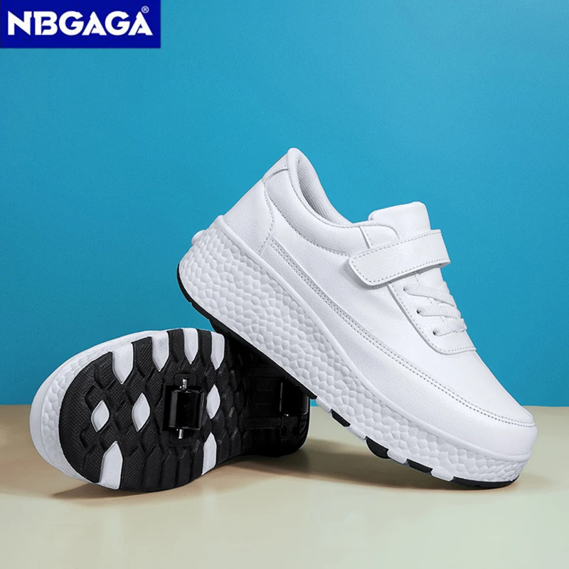 Kids Roller Skate Shoes with Double Wheels Removable White Sneakers for Boys Girls Outdoor Sports Running Children Gifts