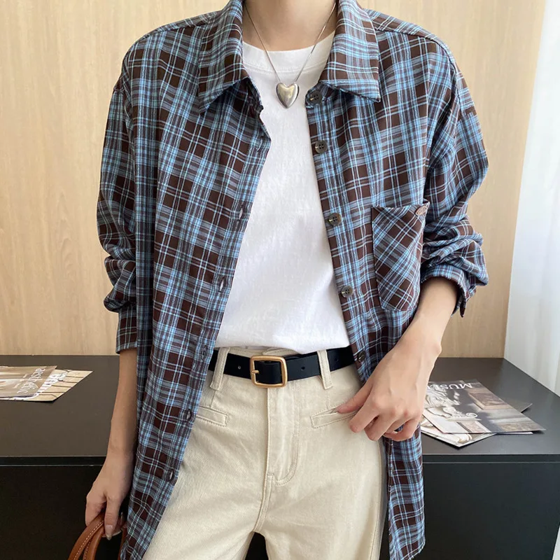 HKSH 春秋の新女性シャツコントラストカラーチェック柄デザインターンダウン襟長袖ポケット Y2K トレンディカジュアルトップ HK11027