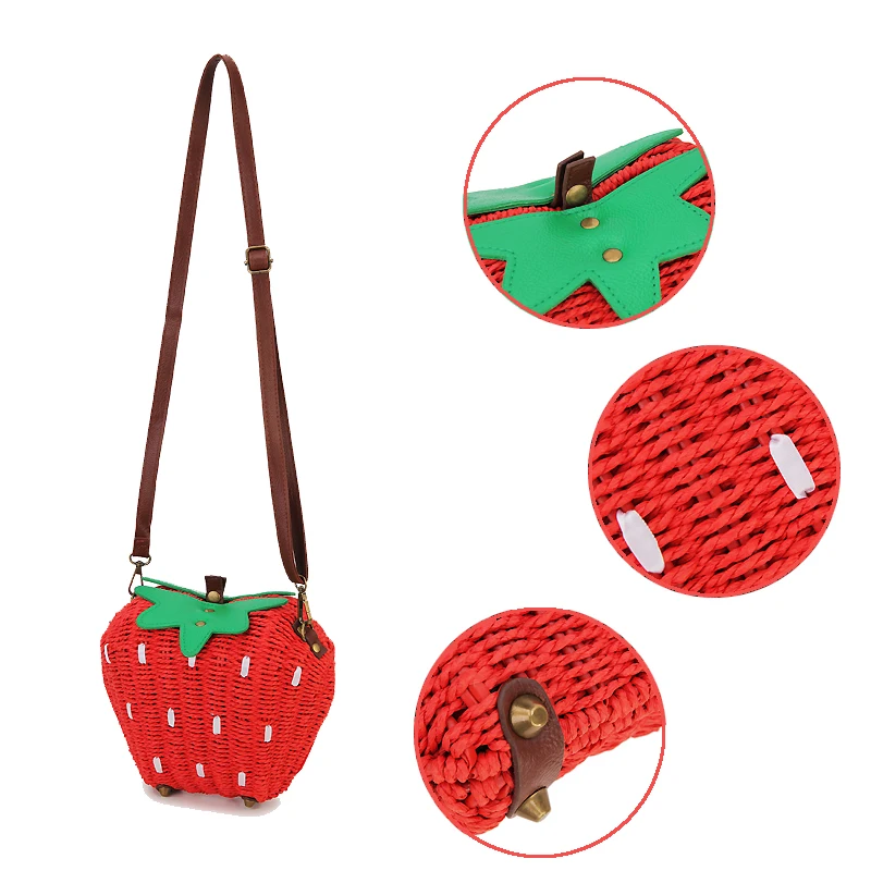 Cute Straw Strawberry Shoulder Bags for Women Summer Fruit Shape Beach Purses and Handbags Ladies Clutch Bag Weave Crossbody Bag