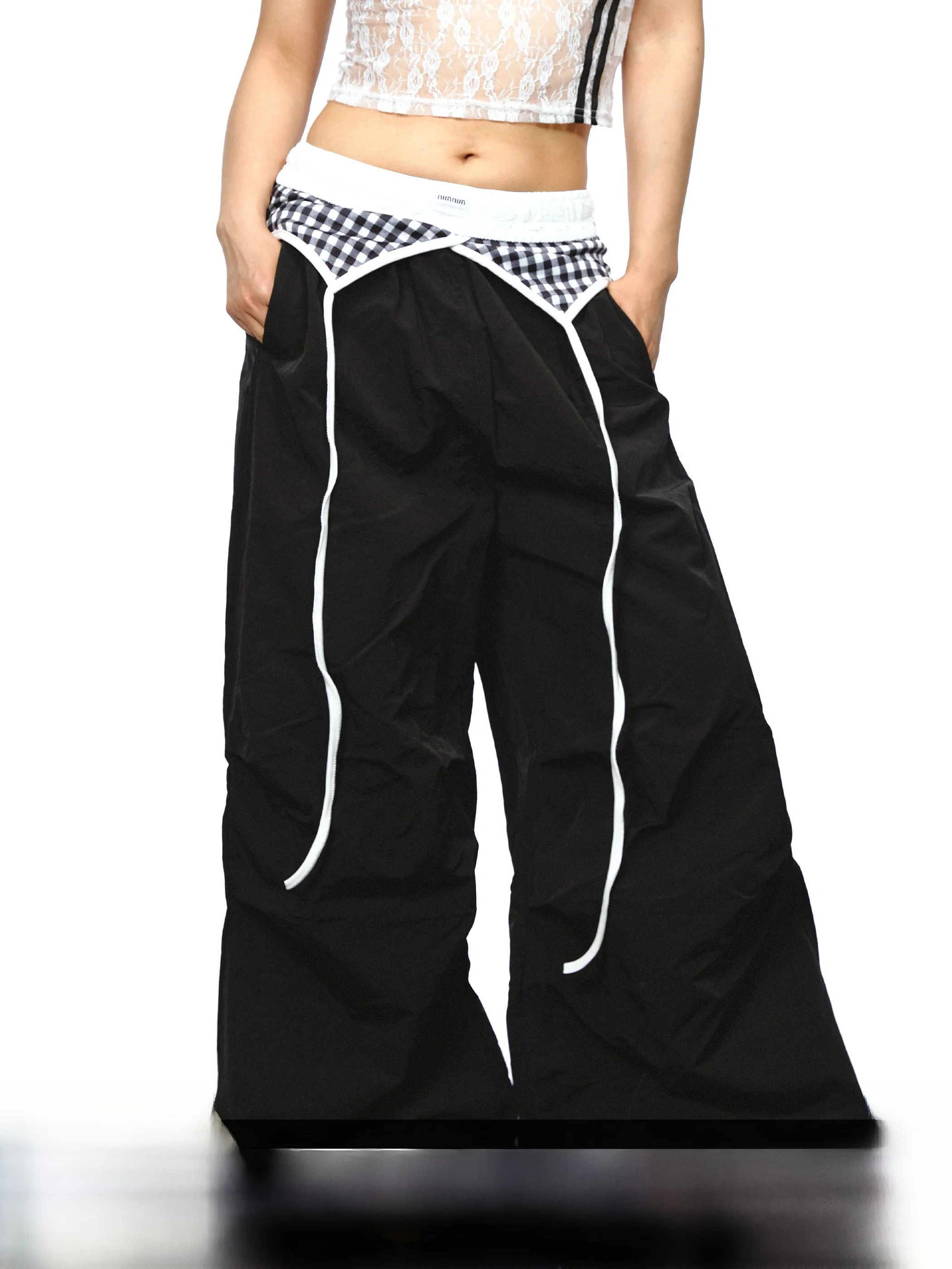 Blackbb Color Block Folded Hem Wide Leg Pants Women Summer Loose Floor Length Casual Trousers Creative Design Street Style