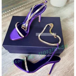 Gems Chain Purple Elegant Sandals Women Bling Satin High Heels Shoes Ladies Summer Luxury Trend Open Toe Ankle Strap Sandal