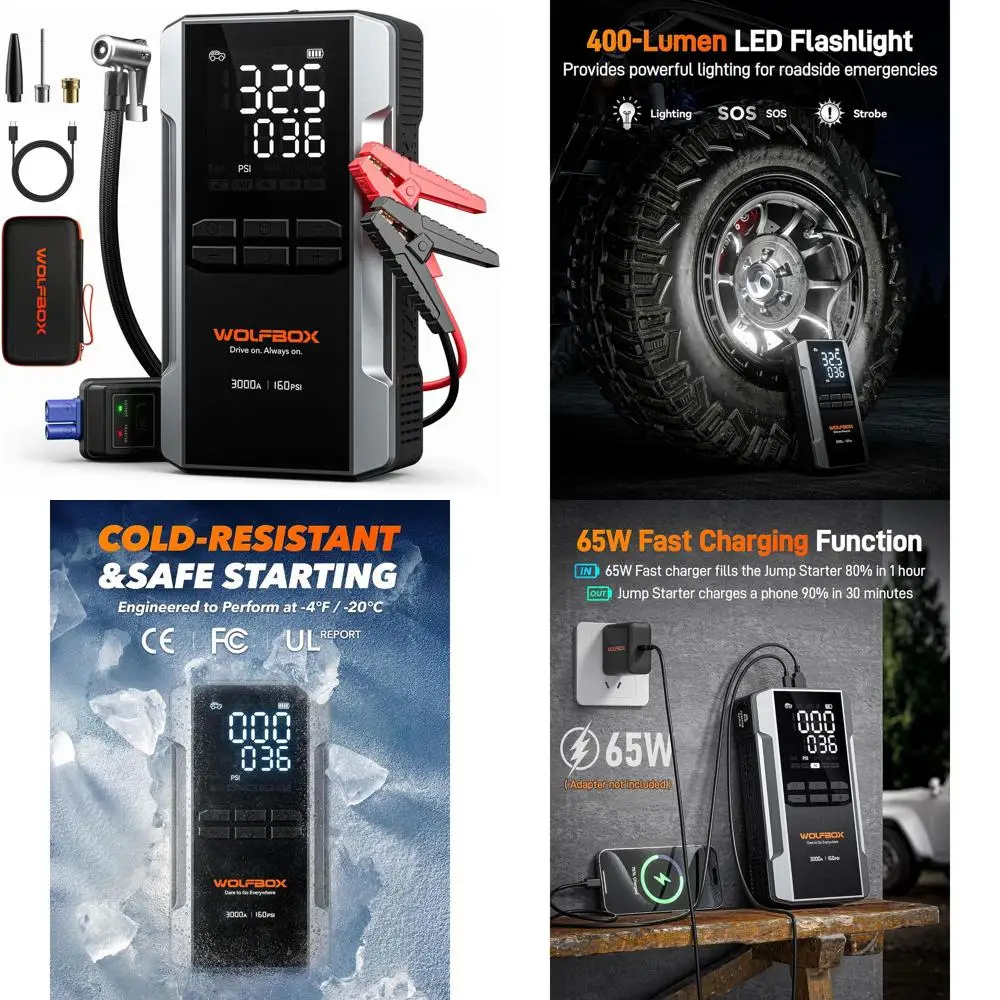 

Стартер 3000А с воздушным компрессором, портативный автомобильный аккумулятор 16000 мАч и 160 фунтов на квадратный дюйм с быстрой зарядкой 65 Вт, аккумулятор 12 В