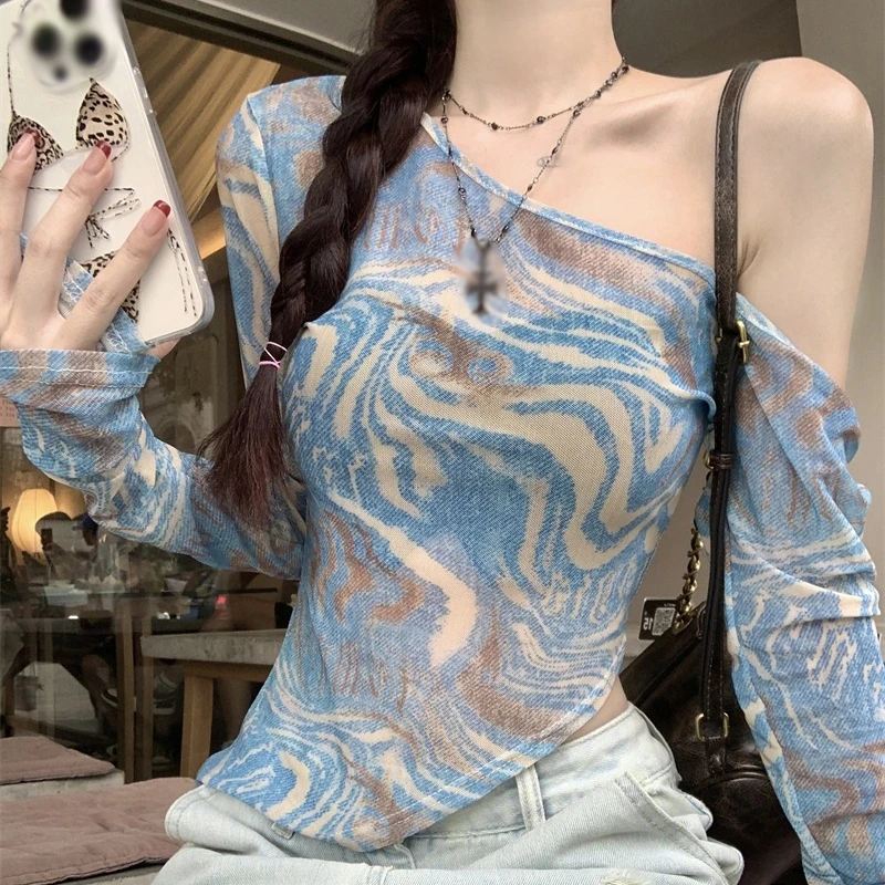 Slanted Shoulders Long Sleeve Top For Women Slim Fitting Sexy Mesh Blouse Vintage Smudge Printing Lazy Style Spring Fall