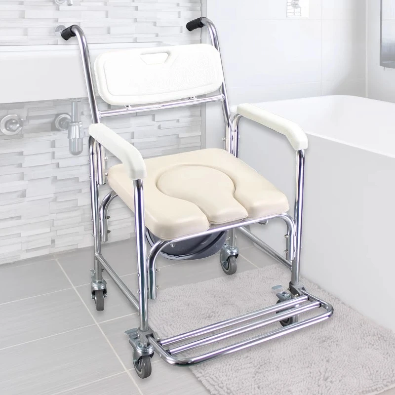 Elderly Shower Chair Stable Anti-Slip Seat Four-Wheel Brakes Commode Toilet Waterproof Rustproof Chair Secure Transfer Chairs
