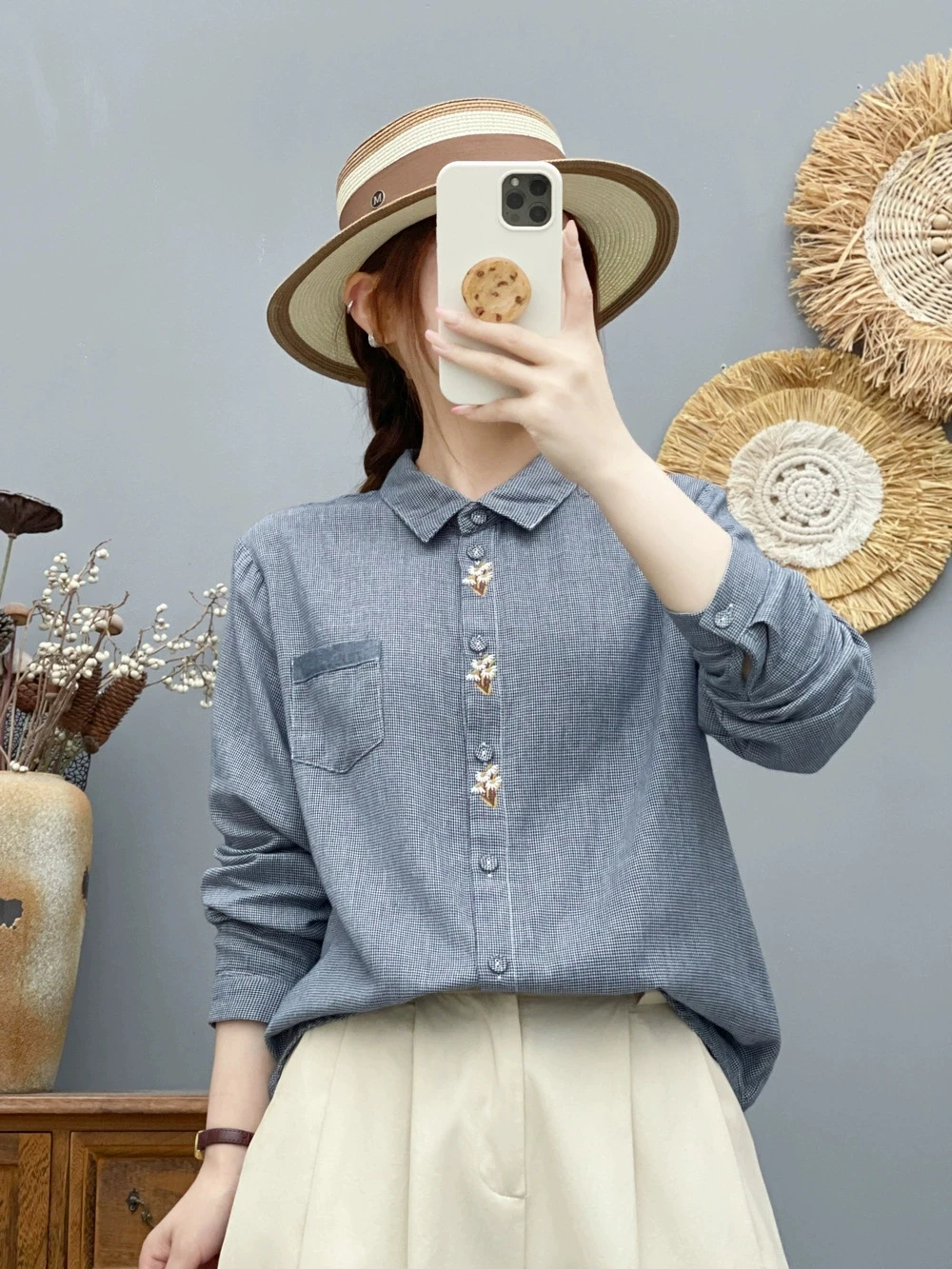 New 2026 Autumn Women Cotton Yarn Long Sleeve Shirt, Lapel Houndstooth, Mori Girl OL Versatile Embroidery Loose Blouse T69053CC