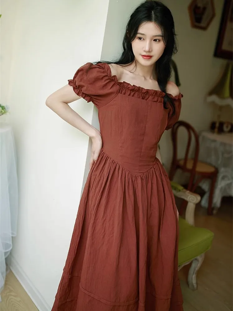 

AIGYPTOS Summer Maxi Dress Women French Country Style LongDress Elegant Slim Puff Sleeve Vintage Brownish Red Cotton Linen Dress