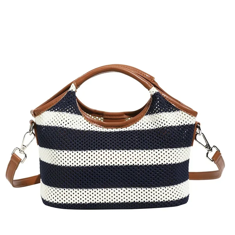 

Fashionable Women's Striped Bucket Bag Black & White High-capacity Beach Tote with Openwork Crossbody Strap Perfect