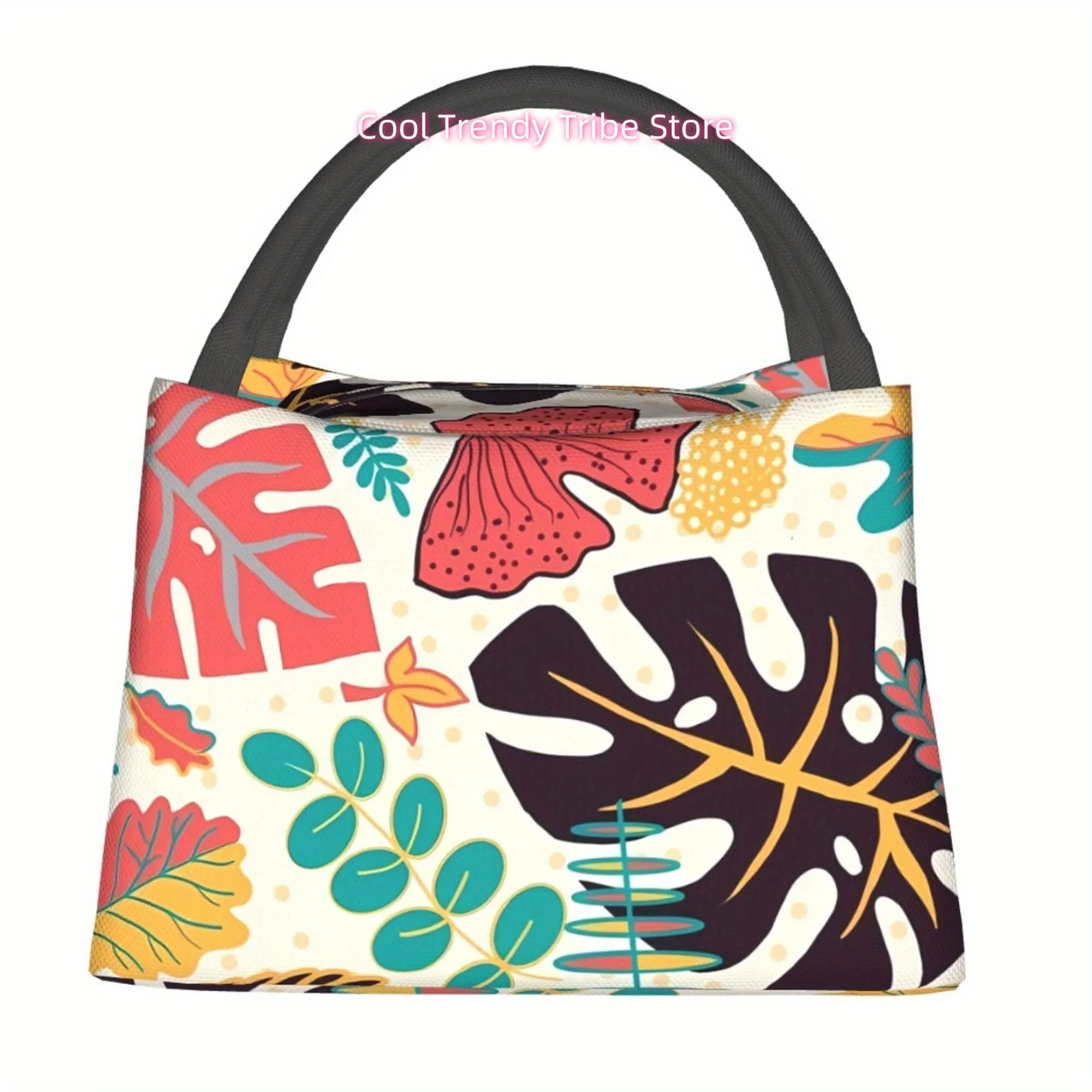1pc Insulated Reusable Lunch Bag with Vibrant Tropical Palm Leaf Pattern - Durable Polyester Cooler Tote for Camping, Beach, Off