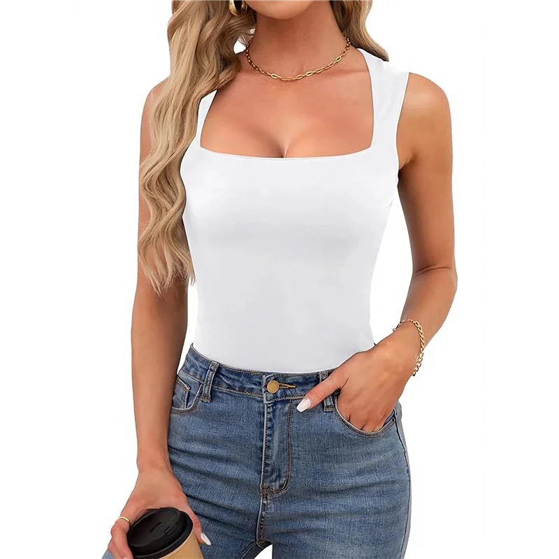 Camisetas sin mangas con cuello cuadrado para mujer, camisas elegantes sin mangas de verano para salir, camisetas ajustadas a la moda, blusas blancas S