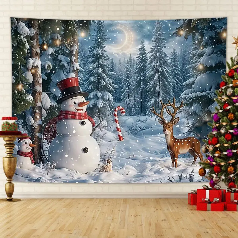 VIKAMA Moonnight Forest Snowman Christmas Tapestry, Magical Wall Art Background Cloth for Enchanted Living Room Aesthetic Decor