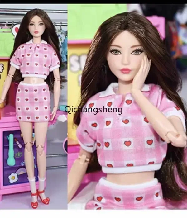 Fashion Pink Plaid 1/6 Doll Outfits Set For Barbie Clothes Love Heart Shirt Skirt For Barbie Clothing 11.5