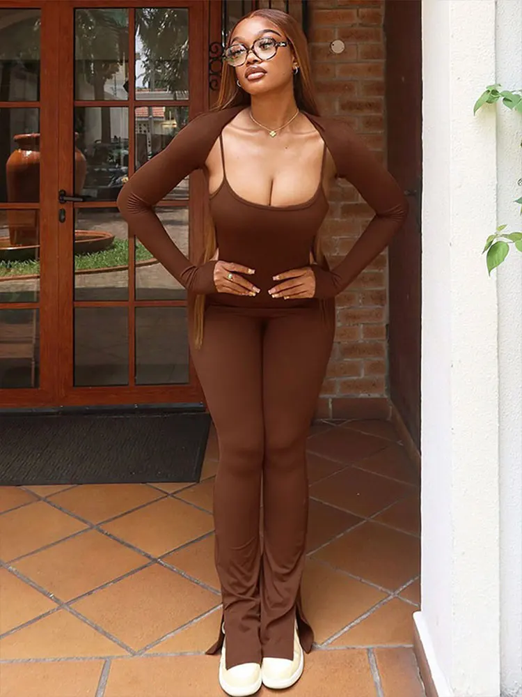 

Women's Jumpsuits Shawl 2 Piece Autumn New Streetwear Fashion Casual Slim Jumpsuits Sexy Low Chest Sling Lady Two Piece Clothing