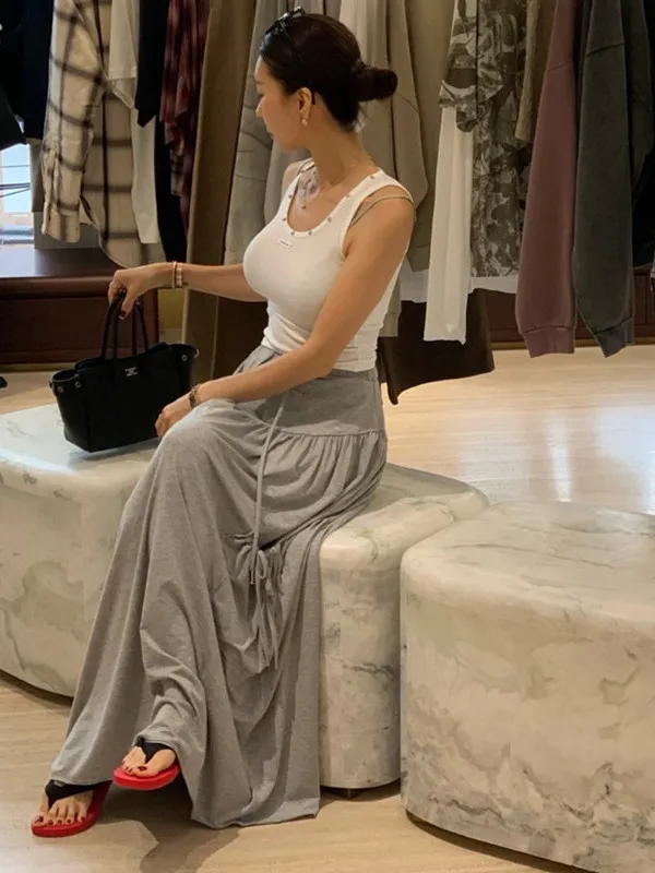 

ay Юбка-миди трапециевидной формы, женская летняя новинка 202, универсальная утягивающая длинная юбка с высокой талией и поясом Ci Commute, хлопок