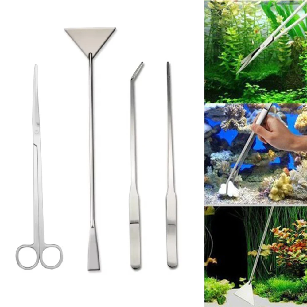 Wasser Gras Schere Set Vier Stücke Edelstahl Welle Clippers Gerade Schere Pinzette Sand Schaber Aquarium Reinigung Werkzeug