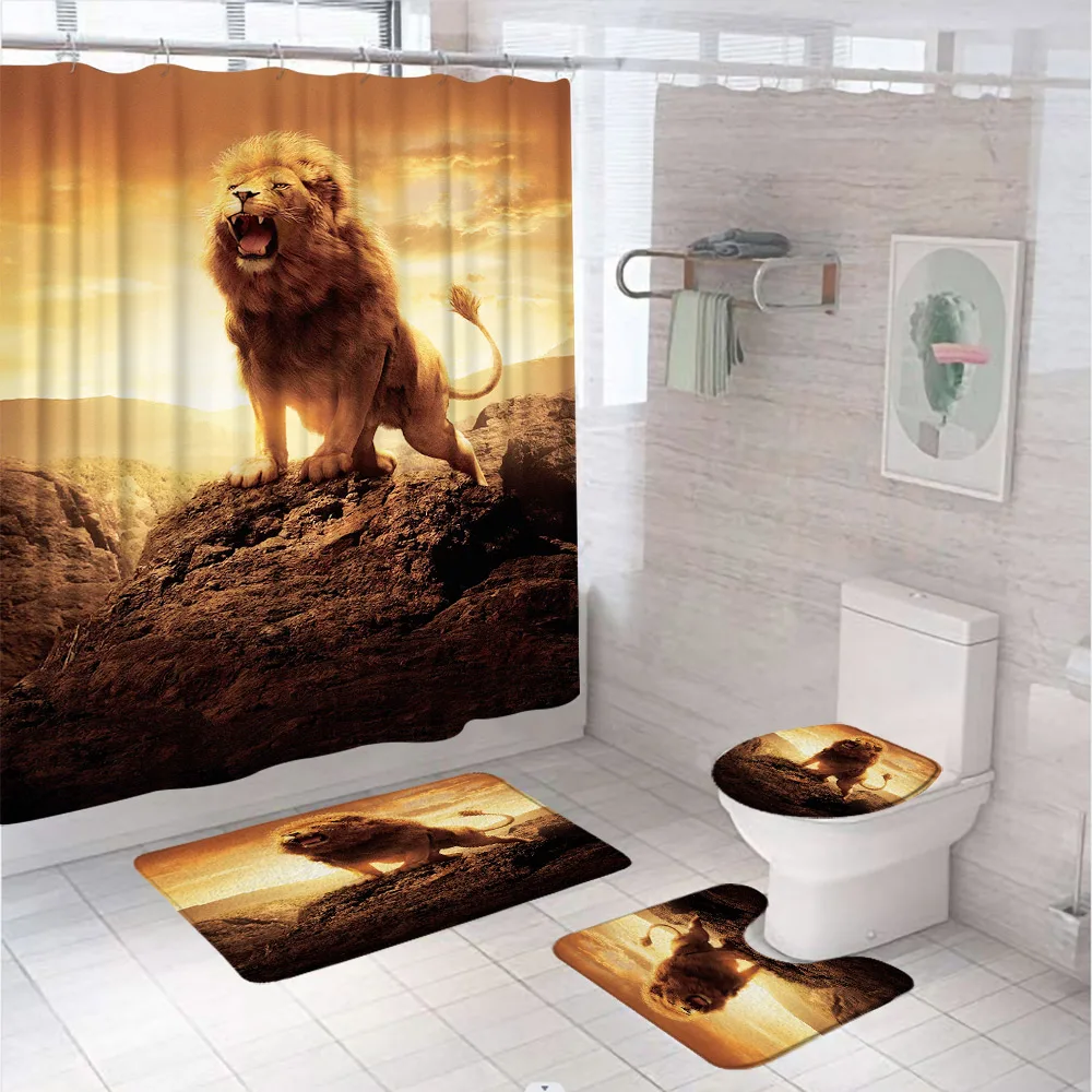 

Wildlife Lion Shower Curtains Sets Wasteland Landscape Animal Bathroom Screen Non-Slip Carpet Toilet Cover Floor Bath Mats Decor