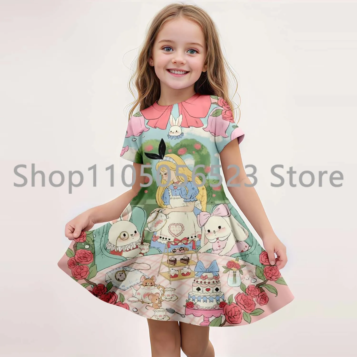 

MINISO новое летнее платье для девочек, модное милое платье с героями мультфильмов «Алиса в Уортленде», детское платье принцессы с короткими рукавами