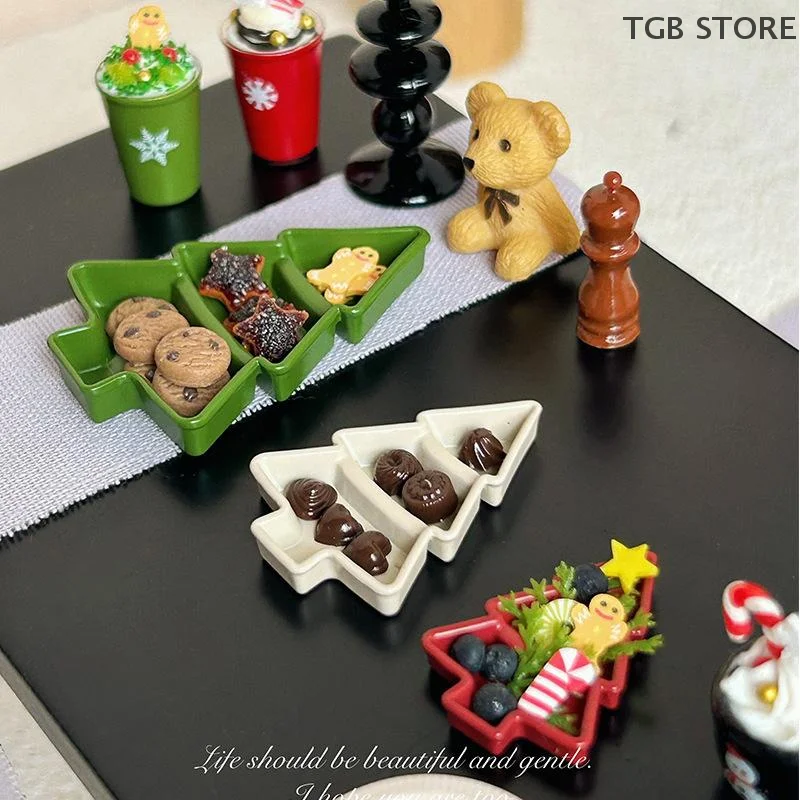 1Pcs Mini Christmas Tree Fruit Plate Dessert Meal Plate Model Dollhouse Miniature Decoration DIY Accessories Toys