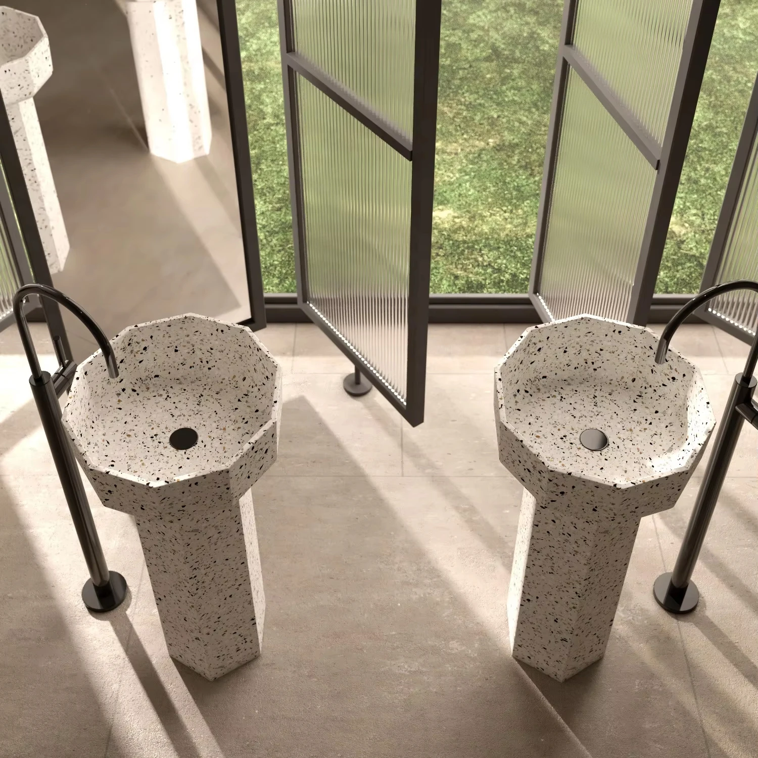 Potted Plants On StandsModern Style Freestanding Bathroom Pedestal Hand Washing Rectangular Sink Made Of Artificial Stone Floor